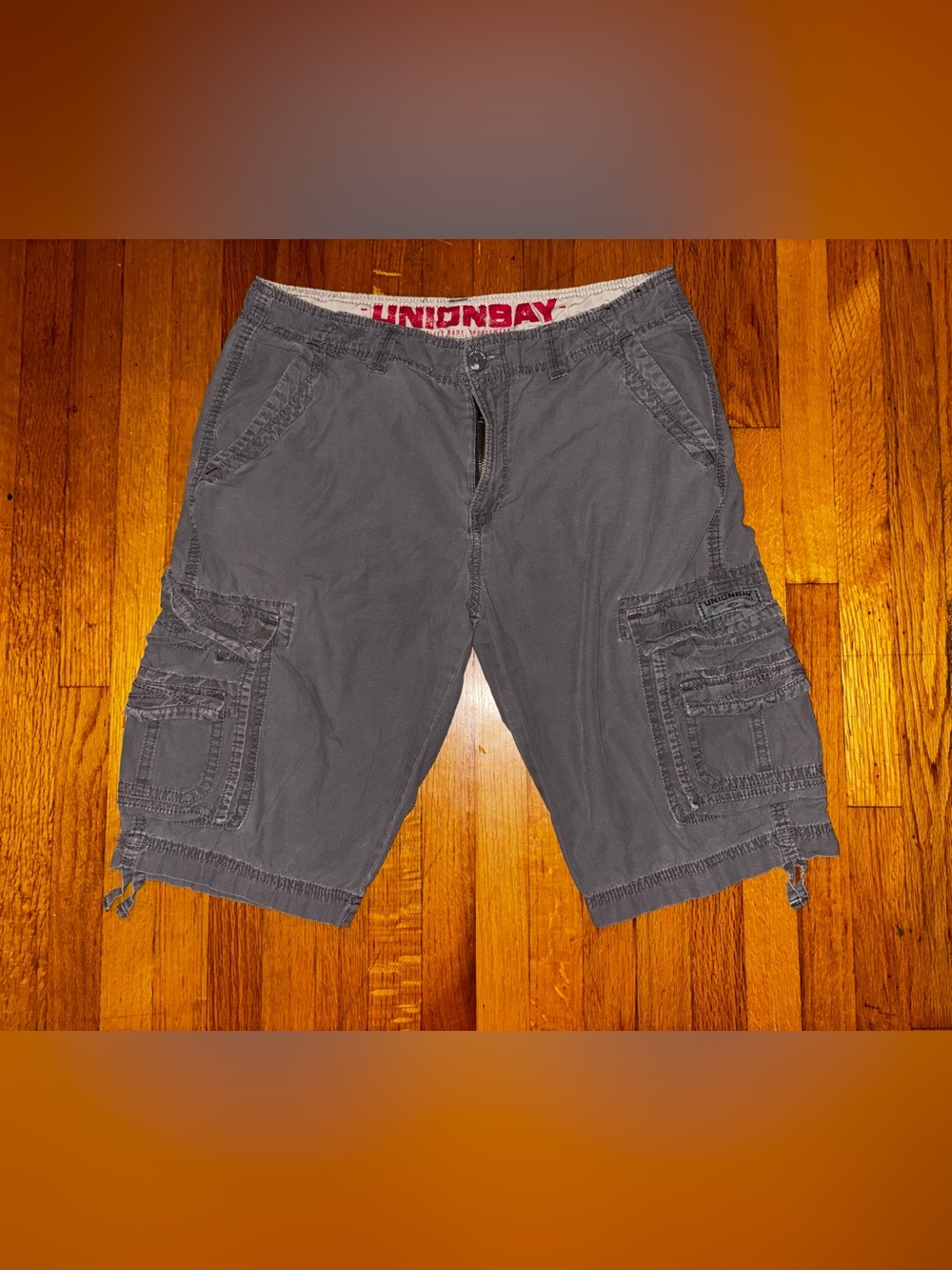 UNIONBAY Y2K Mens Gray Cargo Shorts Flat Front Zip Cargo Pockets Size 34 Cotton